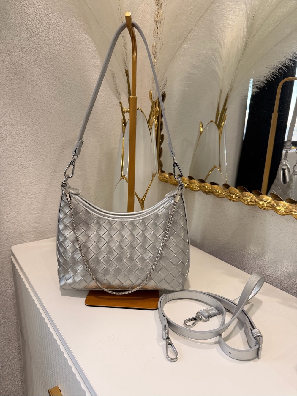 Silver Woven Shoulder Bag with Detachable Strap
